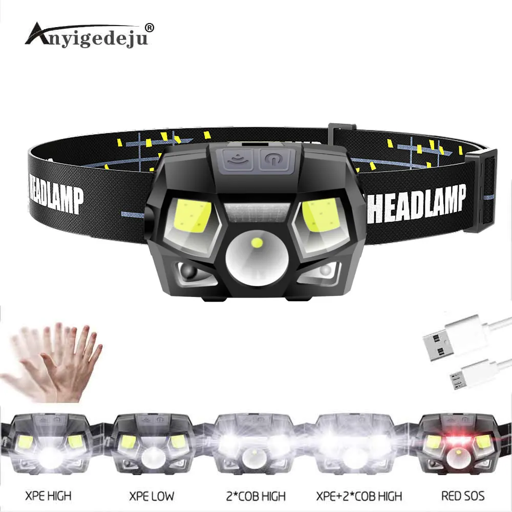 ANYIGE Ultra Bright LED Headlamp 1000LM Motion Sensor Headlight USB Rechargeable head lamp Waterproof lampe frontale Flashlight