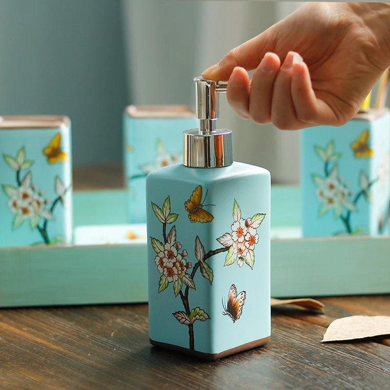 Chinese Style 5pcs Bathroom Accessories Set Ceramic Bathroom Set Liquid Soap Dispenser Toothbrush Holder Tumbler Soap Dish