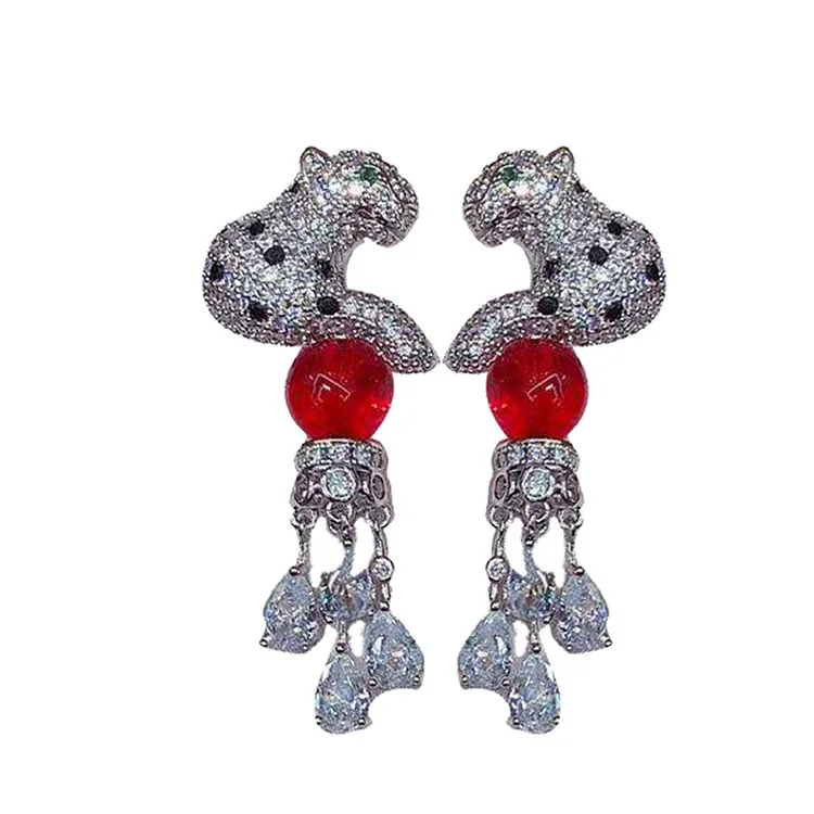 Luxury Cubic Zircon Red round crystal stone leopard Earrings Silver 925 needle for women ear studs fine jewelry party wear