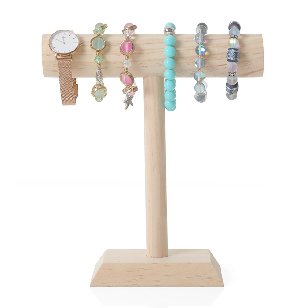 Portable Wooden Bracelet Chain T-Bar Rack Jewelry Display Stand For Bangle Watch Necklace Home Organization Holder Showcase