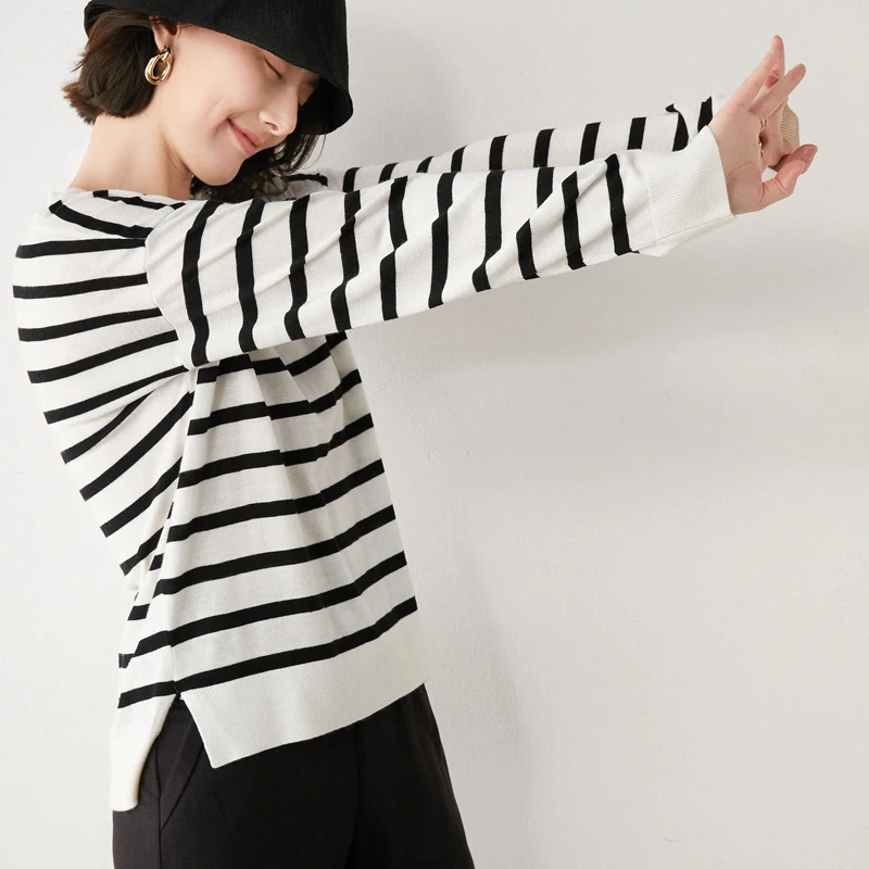 New Arrival  Spring and Autumn Wool Sweater  Women stripe  Long sleeve  O-neck Pullovers Knitted wool Sweaters