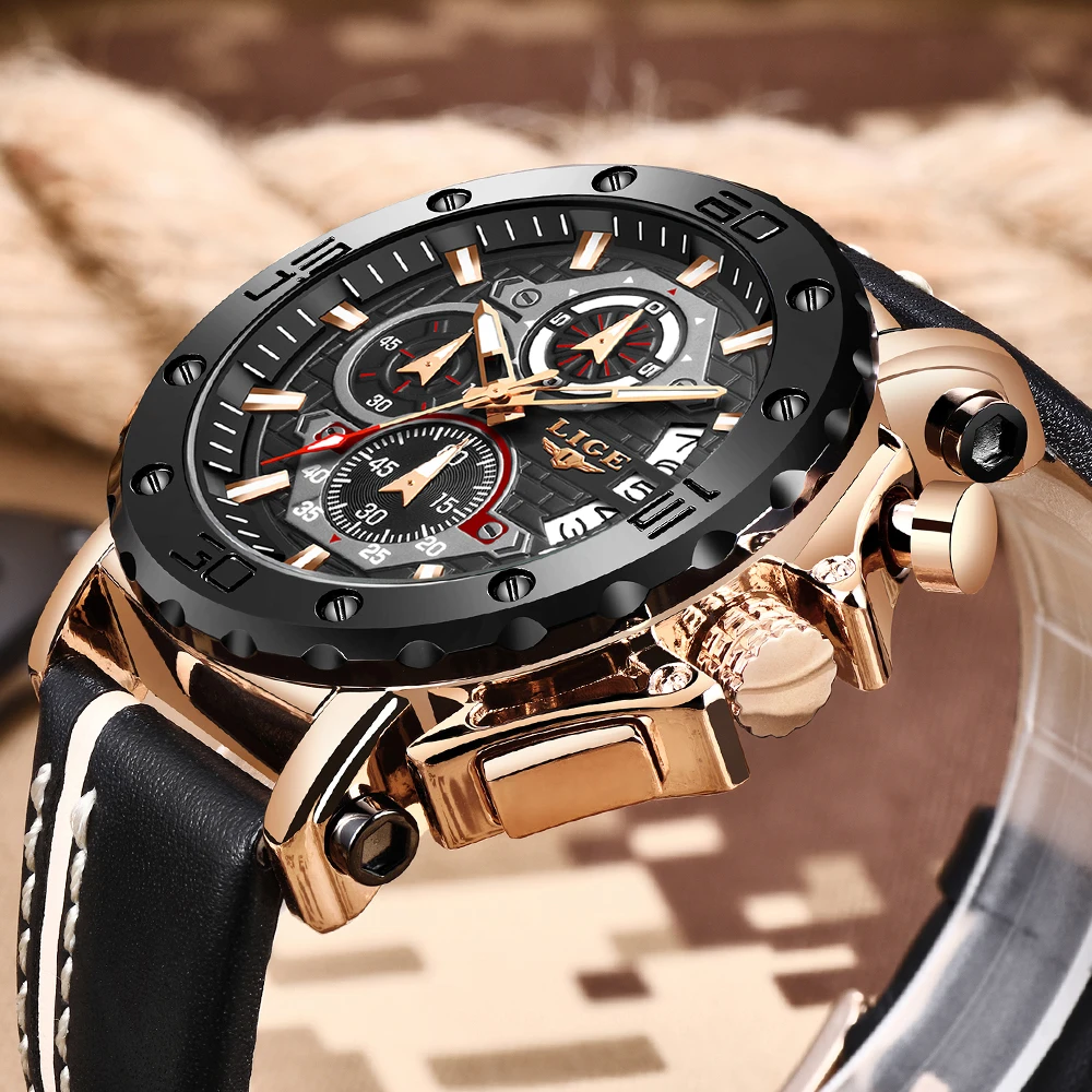 2020LIGE New Fashion Mens Watches Top Brand Luxury Big Dial Military Quartz Watch Leather Waterproof Sport Chronograph Watch Men