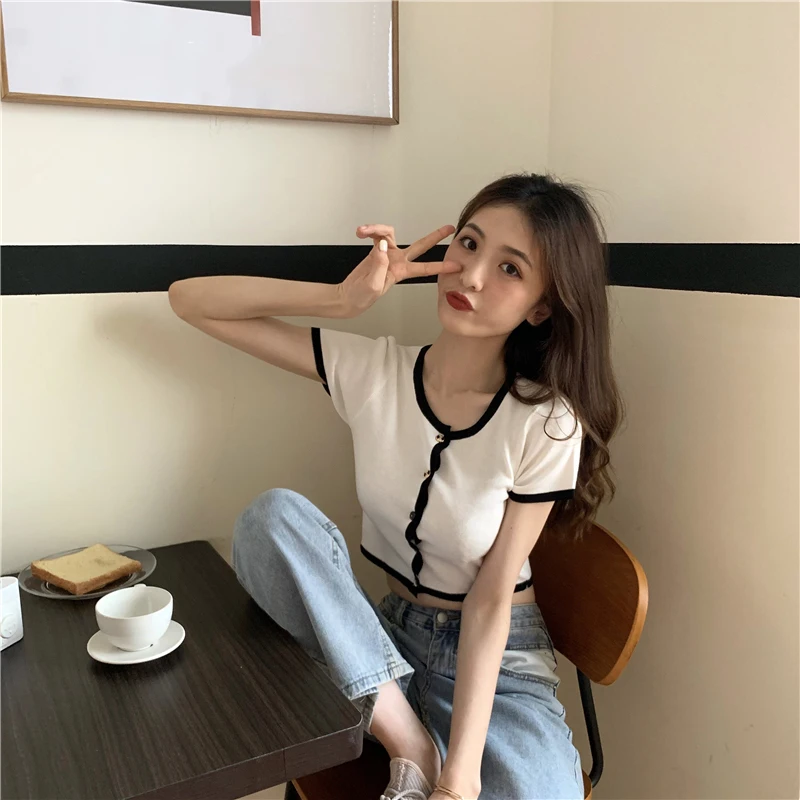 Women Knitted Cardigan Top Female Slim O Neck Short Sleeve T-Shirt Women Summer Clothing