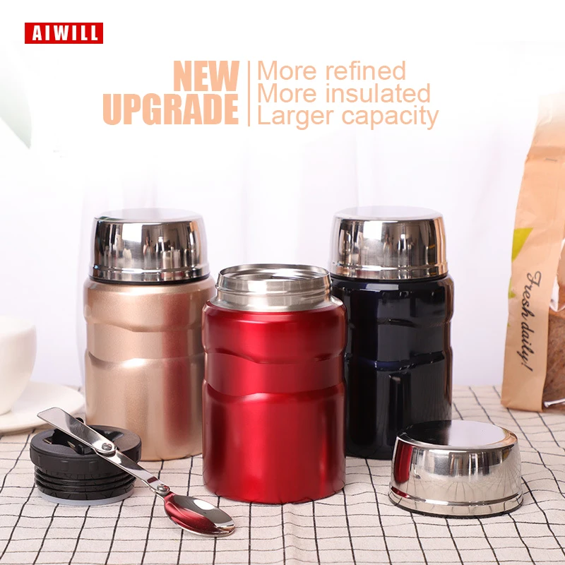 AIWILL Double 304 Stainless Steel Thermos Food Jar Soup Containers Large Capacity Vacuum Flasks Portable Lunch Bento Box 600ml