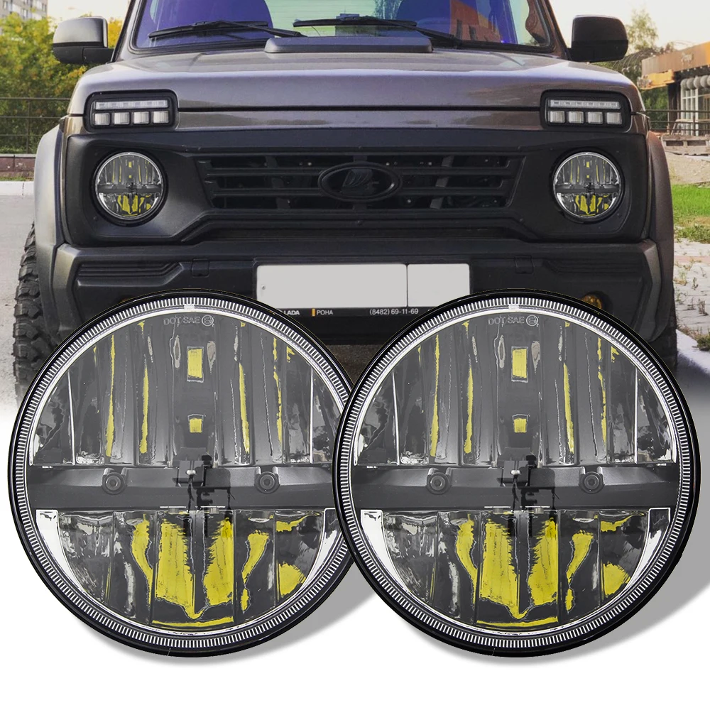 2Psc 7 Inch LED Headlight H4 Hi-Lo With Halo Angel Eyes For Lada 4x4 urban Niva Jeep JK Land rover defender Hummer