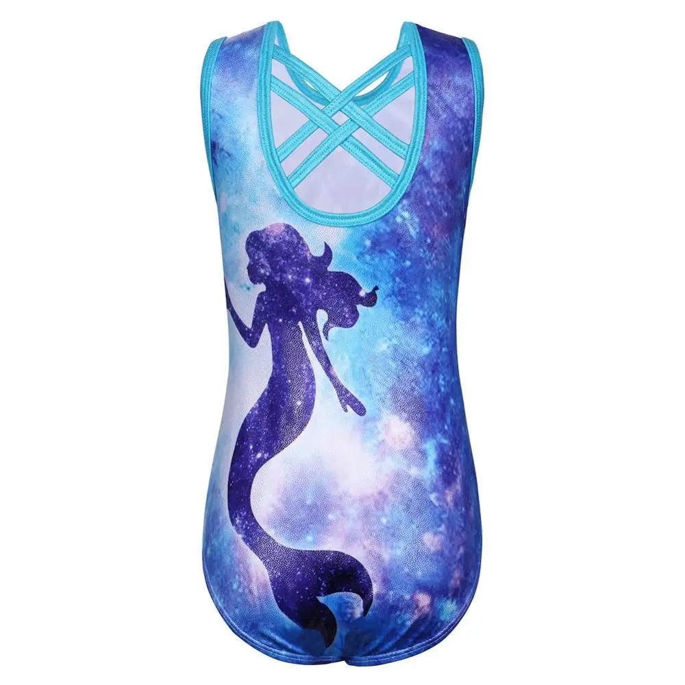 BAOHULU Girls Gymnastics Leotard Galaxy Human Fish Pattern Ballet Leotard Sleeveless Dance Wear Professional Sparkly Bodysuits