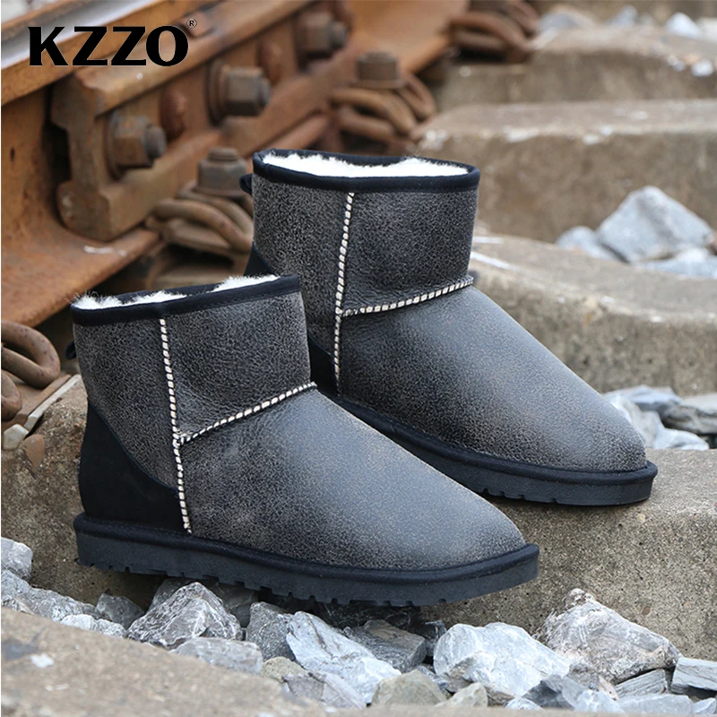 KZZO Real Sheepskin Men\'s Snow Boots Australian Classic Natural Fur Wool Lined Short Ankle Winter Warm Shoes Non-slip Waterproof