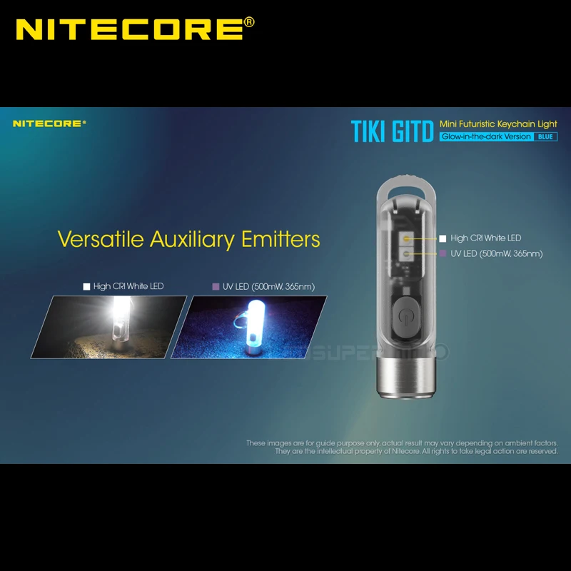 Imagem -04 - Nitecore Tiki Gitd Azul Brilho-no-escuro Mini Futurista Chaveiro Lanterna com Auxiliar uv & Alta Cri & Luzes Brancas