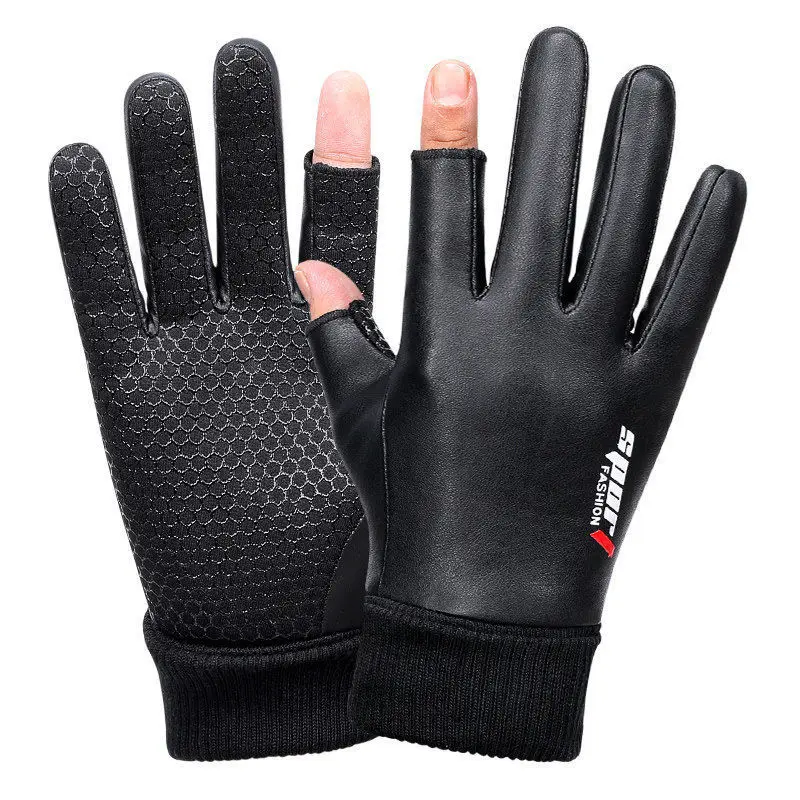 

Men's Winter Warm Leather Riding Gloves Touch Screen Waterproof Fishing Outdoor Sports Two-Finger Velvet Non-Slip Ladies Gloves
