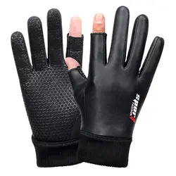 Men's Winter Warm Leather Riding Gloves Touch Screen Waterproof Fishing Outdoor Sports Two-Finger Velvet Non-Slip Ladies Gloves