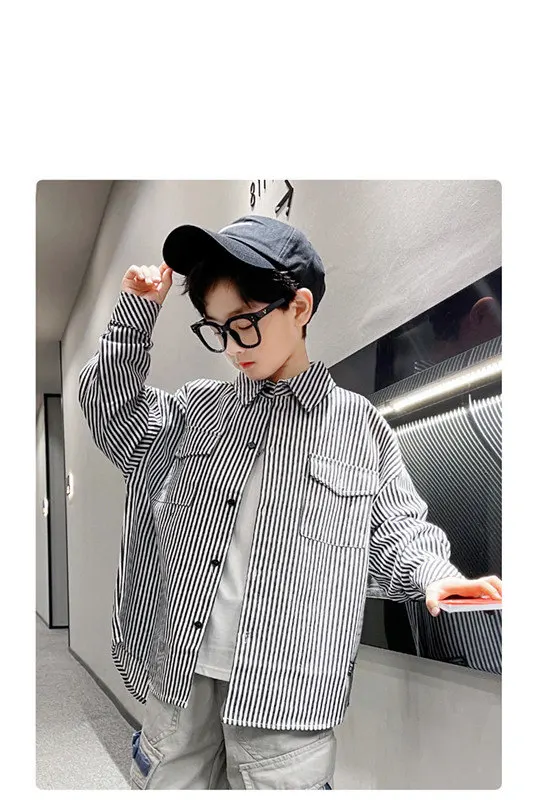 Hemden für Jungen, Vier Jahreszeiten, neue lässige langärmelige Baumwollbluse mit vertikalen Streifen, Oberteil, Kinder-Outfits, Teenagerkleidung, 5-14 Jahre alt – Detail 2