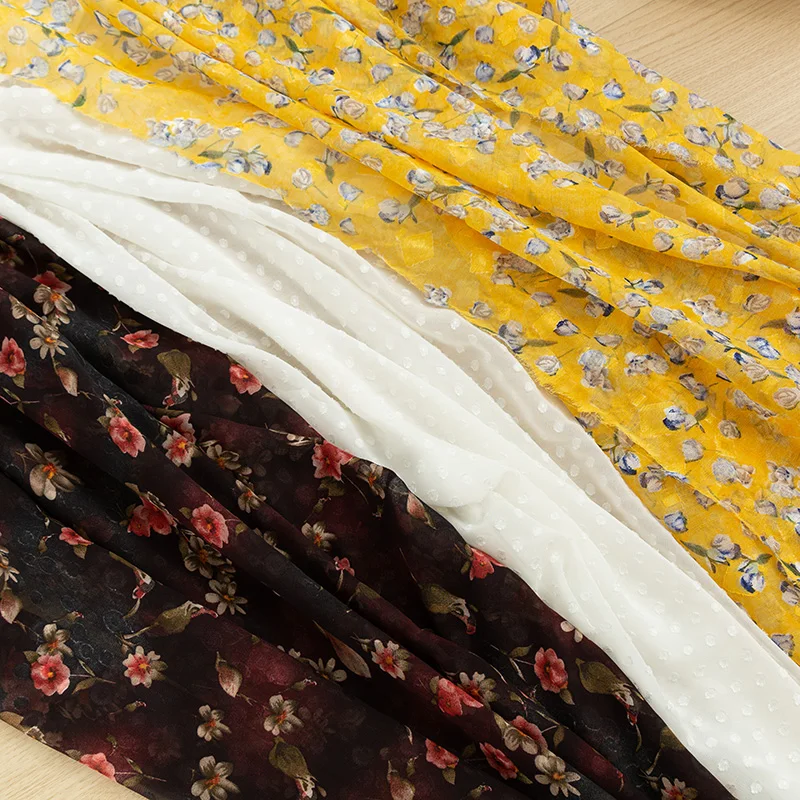 Dot Outer Chiffon Jacquard Print Floral Chiffon Yellow Fabric For Summer Dress Sewing Material a Bit Transparent TJ0712(JA85)