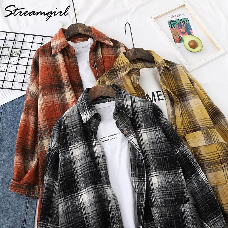 Women Woolen Plaid Shirt Oversize Women\'s Blouse Autumn 2023 Loose Thick Oversized Shirt Plaid Winter Warm Shirt Coat Woolen