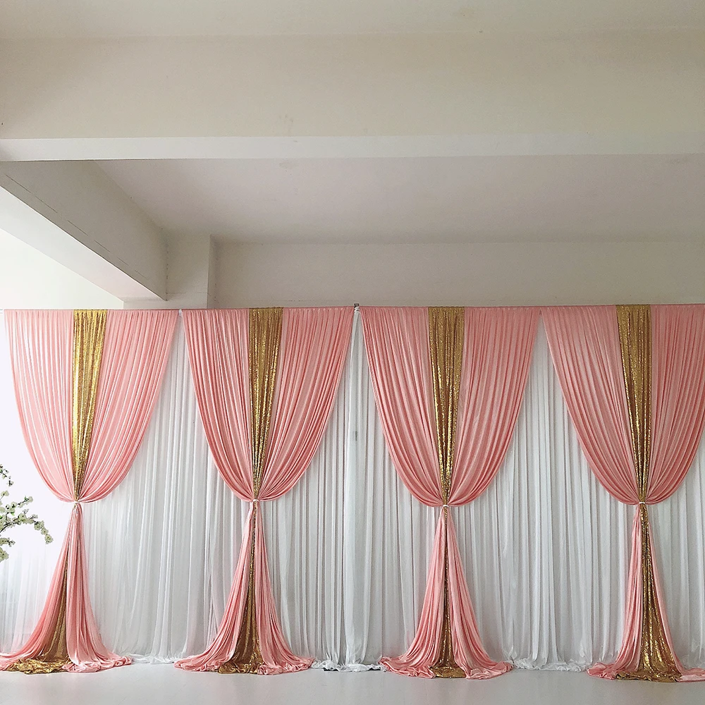 

2020 August New Arrival White Curtain Blush Pink Ice Silk Gold sequin Drape Backdrop Wedding Birthday Party Decoration