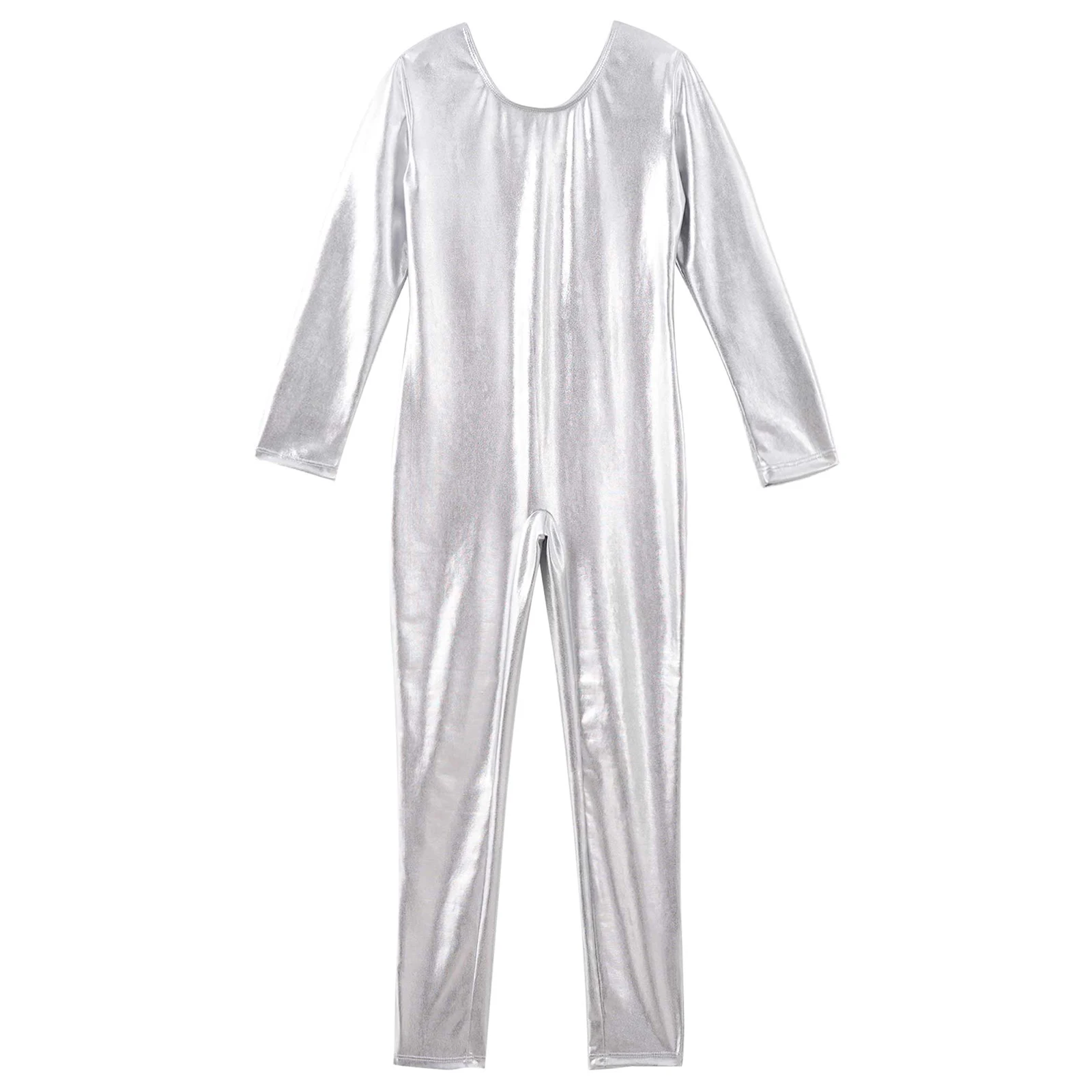 Child Girls Metallic Jumpsuit Long Sleeve Gymnastics Leotard Ballet Dance Unitard Bright Metal Zentai Suit Dancewear Costume