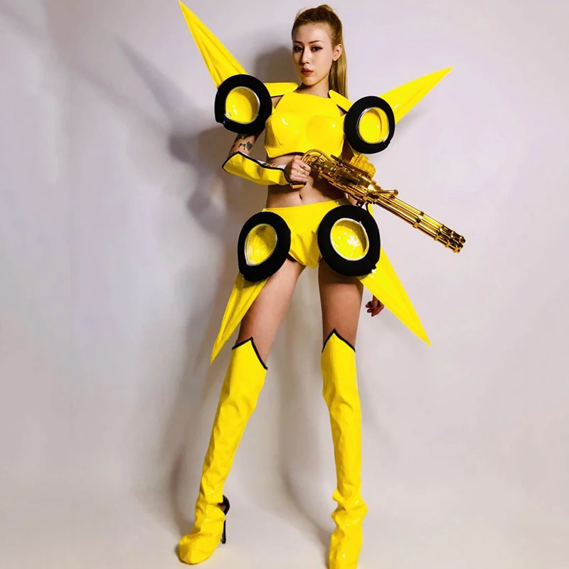 Nightclub Bar Dj Ds Stage Costumes Women Cosplay Party Clothes Sexy Yellow Female Warrior Suit Rave Performance Wear DN6358-1