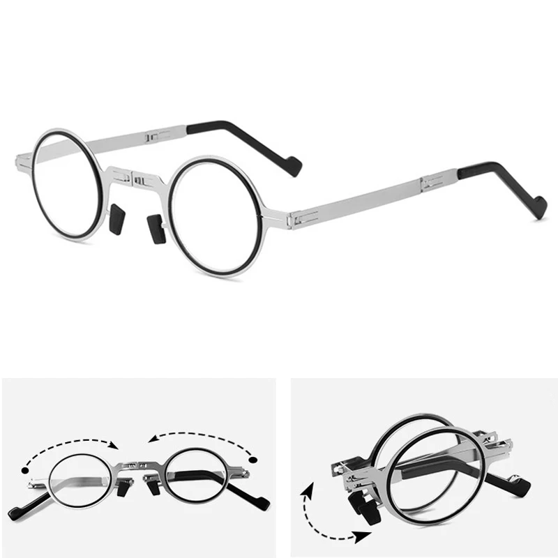 

Stylish Cat Eye Round Frame Folding Glasses For Ladies And Portable Blue Light Proof Reading Glasses For Men