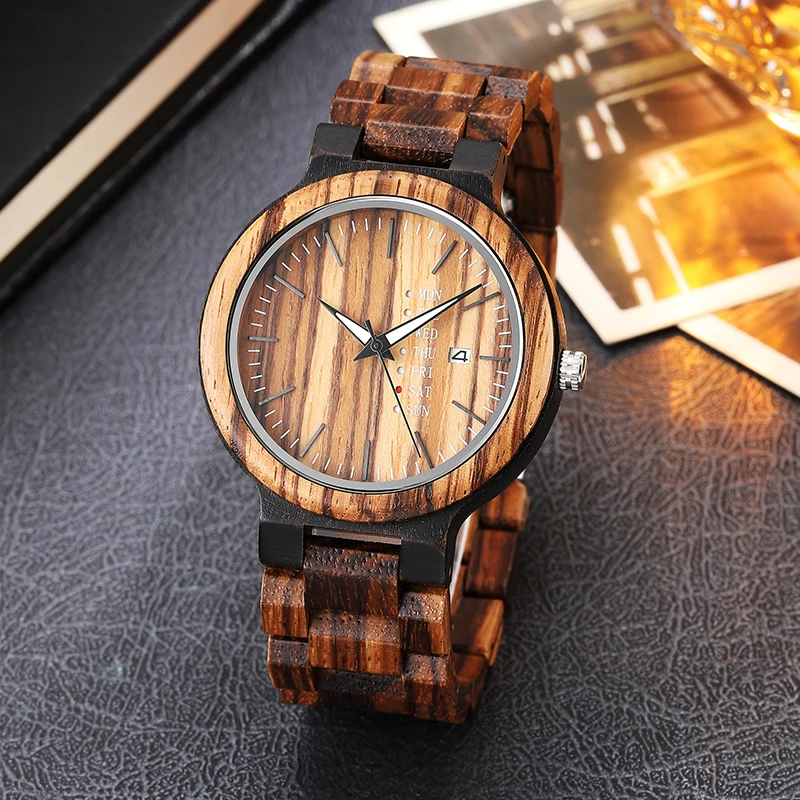 

Handcrafted Wood Watch Men Women Unique Minimalist Calendar Wooden Band Bamboo Watches Casual Quartz Analog Watches Gifts