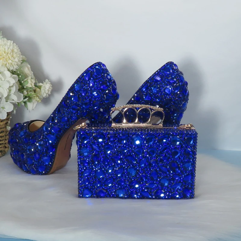 BaoYaFang Royal Blue Crystal Bridal Wedding Shoes And Bag Woman High Platform Shoes Big size Round Toe Party wedding shoes Women