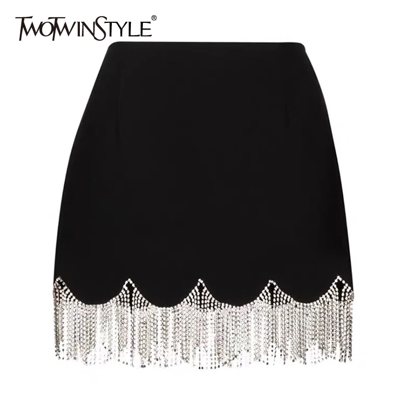 TWOTWINSTYLE Black Patchwork Chain Casual High-waisted Skirt Females Korean Fashion A Line Mini Skirts For Women 2021 Summer New