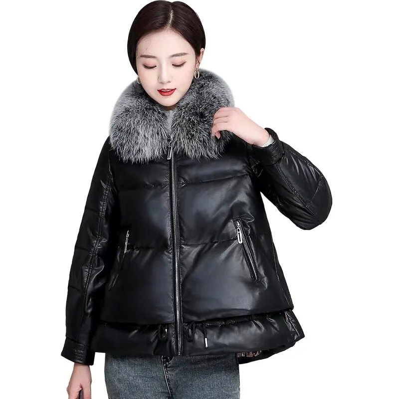 

Fashion Women's Real Fox Fur Collar Waterproof Down Coat Female Winter Thicker Warm Down Jacket Faux Leather Down Parkas F2526