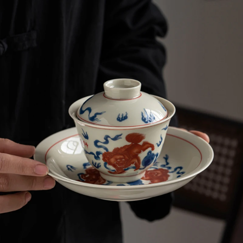 

175ml Jingdezhen Antique Sancai Cover Bowl Tea Cup Large Ceramic Tea Set Household Hand-painted Kung Fu Tea Bowl with Cover