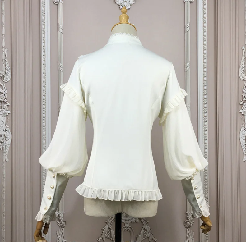 White Diamond Bow Stand Collar Lantern Sleeve Medieval Victorian Top Gothic Lolita Blouse Vintage Shirts For Women Plus Size