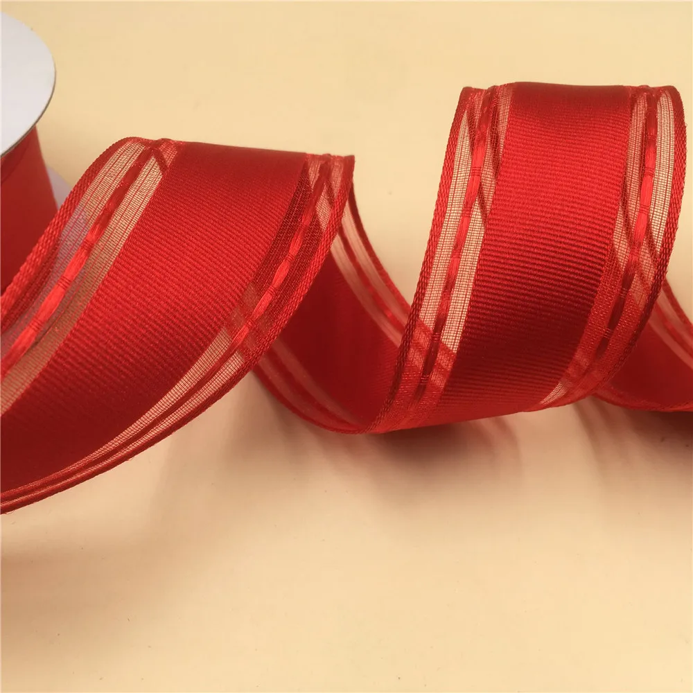 38MM X 25yards Wired red grosgrain ribbon with stripes organza edges for gift box wrapping N2211