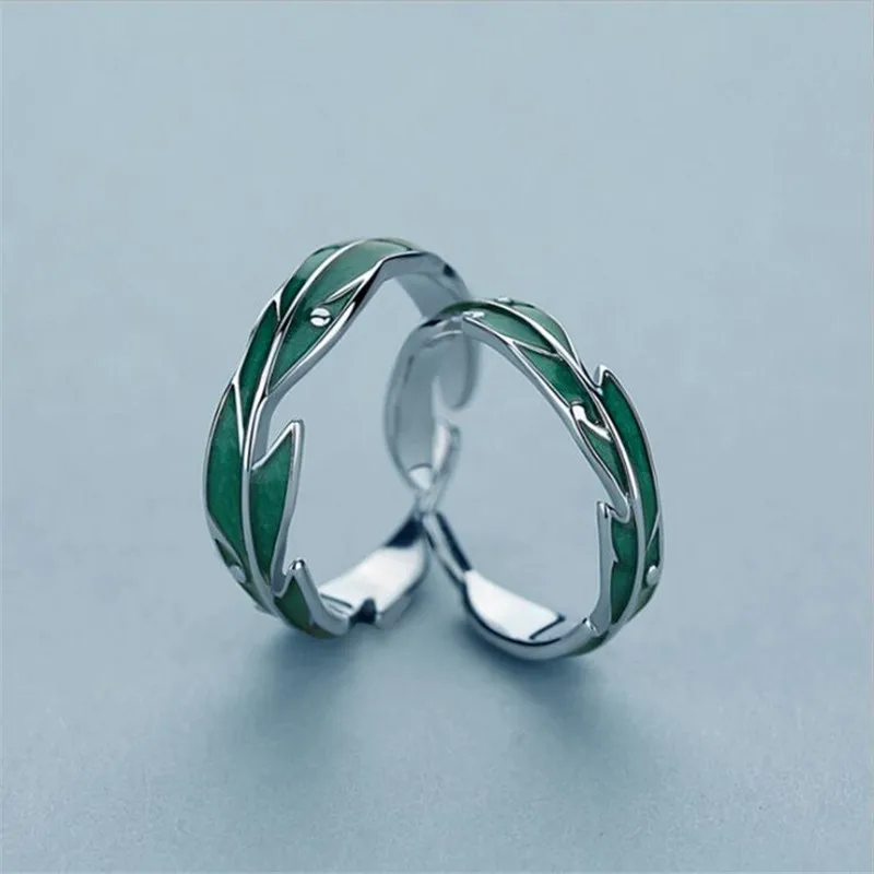 Couple's Green Leaf Opening Ring, 925 Sterling Silver