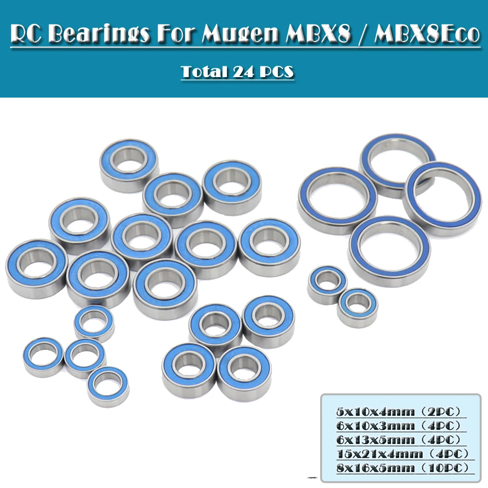 Mugen MBX8 / MBX8Eco Sealed Ball Bearing Kit Total 24 PC ABEC-3 Blue Sealed RC Bearings