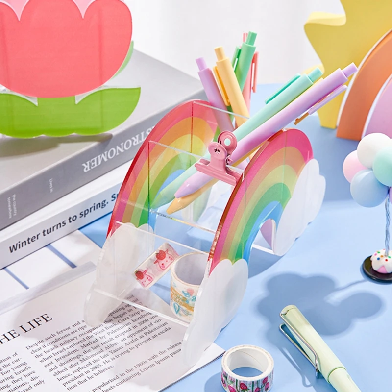 Rainbow Cactus Acrylic Pen Holder Multi Compartments Pencil Box Kids Desktop Stationery Decoration S27 21