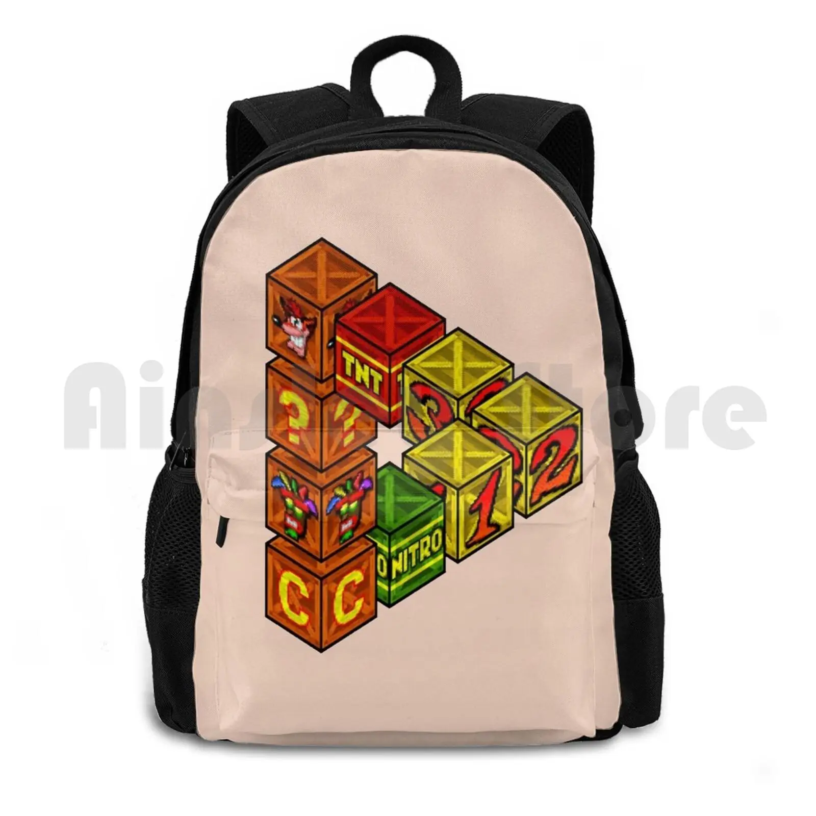 

Mysterious Crates Outdoor Hiking Backpack Riding Climbing Sports Bag Crash Bandicoot Video Game Crate Life Tnt Laptop Hydro
