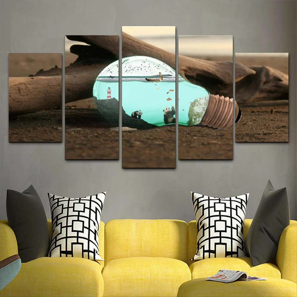 

Wall Art Canvas Painting HD Print 5 Piece The World in The Light Bulb Home Decor Poster Picture For Living Room Decoration