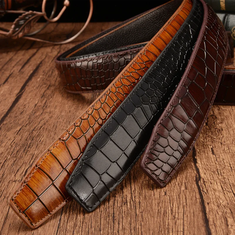 First Layer Crocodile Pattern Genuine Leather 3.5cm Men\'s Belt Body New Luxury Brand for High Quality No Buckle Strap Ceinture