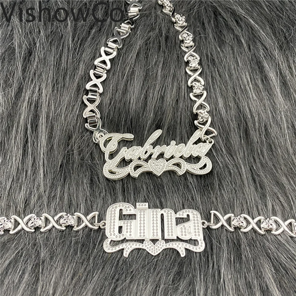 

VishowCo Custom Name Necklace Personalized Stainless Steel XOXO Custom Name Bracelet Two Tone Name Pendant For Women Gifts