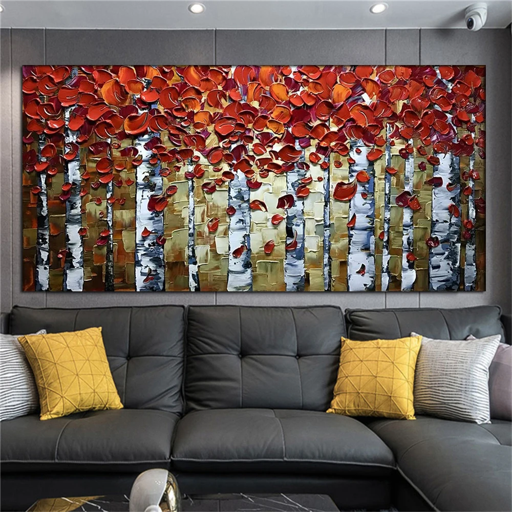 100% Handmade Fall View Red Birch Tree Oil Painting Modern Art Picture For Living Room Modern Cuadros Canvas Art High Quality