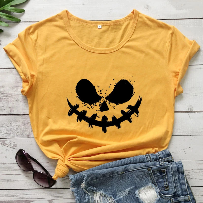 

Halloween Scary Smile T-shirt Funny Pumpkin Face Graphic Tee Shirt Top Spooky Women Autumn Holidays Horror Tshirt