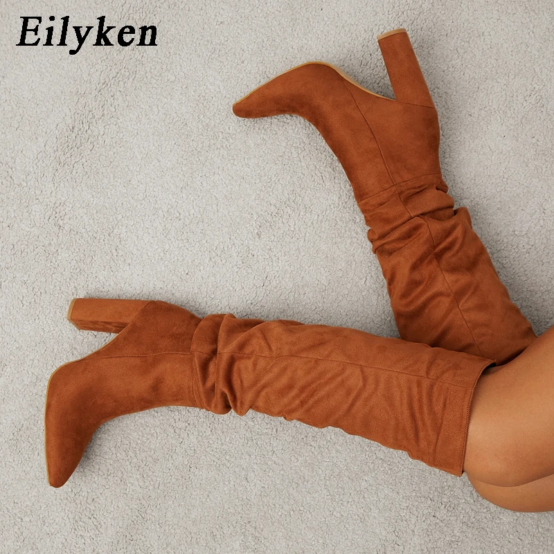 Eilyken Winter Women Pointed Toe Folds Flock Warm Knee-High Boot  Fashion Concise Ladies Office High Heels Shoes