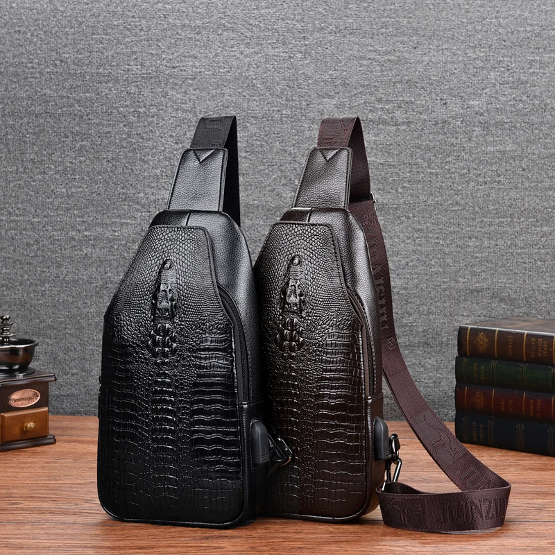 Male Crocodile Pattern Sling Bags New Men Chest Bag Messenger Bag Pu Leather USB Charging Chest Pack Casual Crossbody Bags