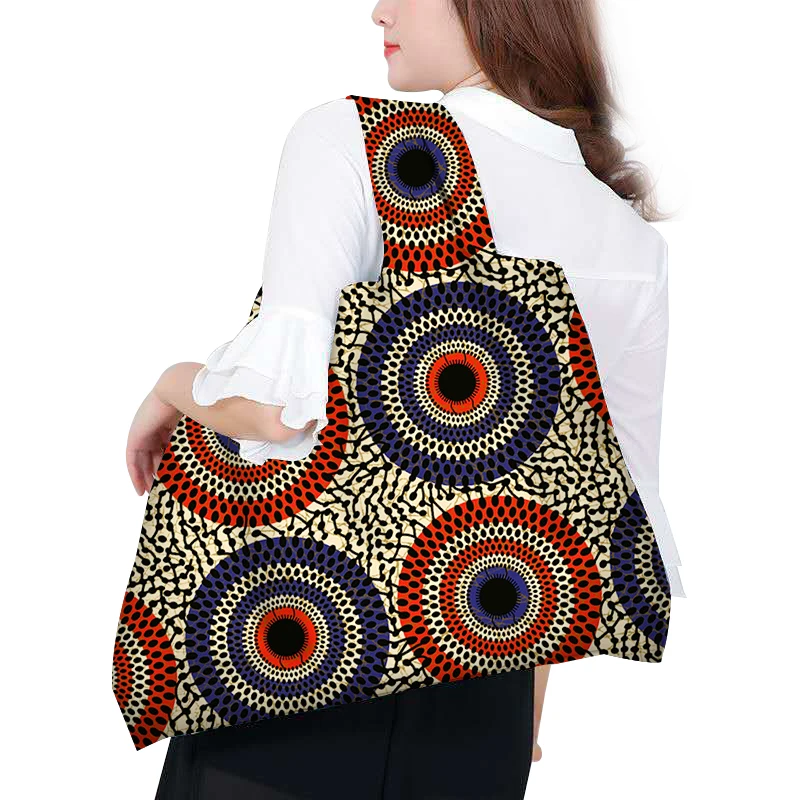 Big Size African Wax Large Tote ECO Reusable Cotton Wax Portable Shoulder Women's Handbags Folding Pouch Shopping Bag Foldable