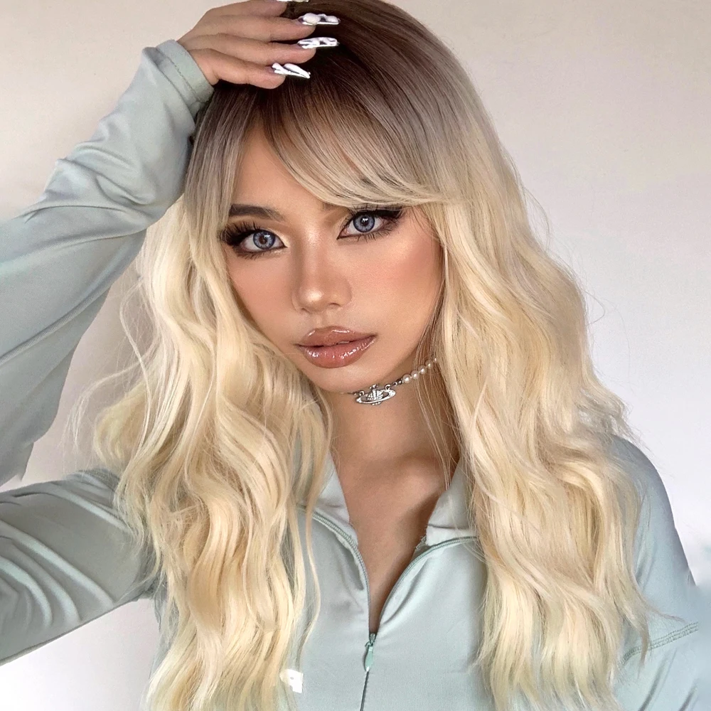 ALAN EATON Ombre Black Blonde Medium Long Water Wave Wig for Women Natural Shoulder Length Cosplay Wig with Bangs Heat Resistant