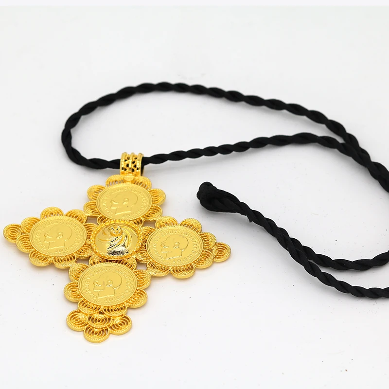 Ethiopian Wedding Big Cross Pendant for Women Girl Black Rope 24k Gold Color Bohemian Jewelry African Crosses