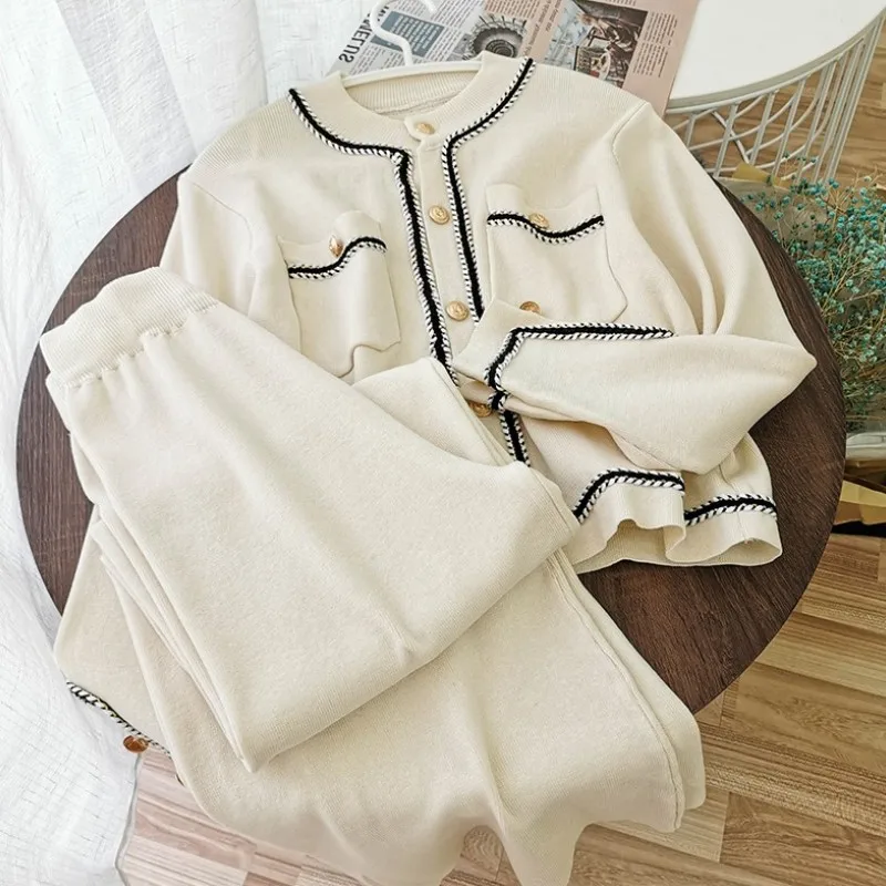 Winter Black Brief Temperament Knitted Pants Two Piece Set Women Casual Braided Trim Gold Button Cardigan Sweater + Pants Suits