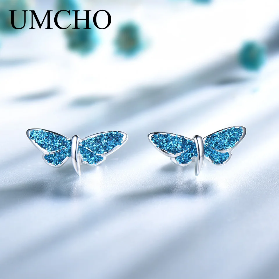 UMCHO Blue Dragonfly Sequins Stud Earrings Real 925 Sterling Silver Jewelry Romantic Earrings For Women Cute Birthday Gift