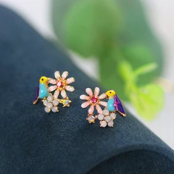 Trendy Cute Animal Birds Stud Earrings for Women Girls Lovely Shiny Crystal Colour Flower Earrings New Fashion Jewelry Wholesale