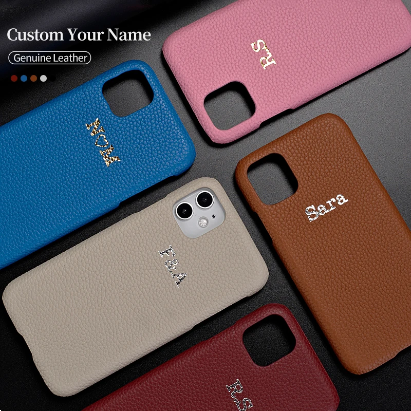 Customized Pebble Grain Real Leather Phone Case Personalized Phone Gold Initial Name iPhone16 15 14 Pro Max 14Plus 13Pro Cover