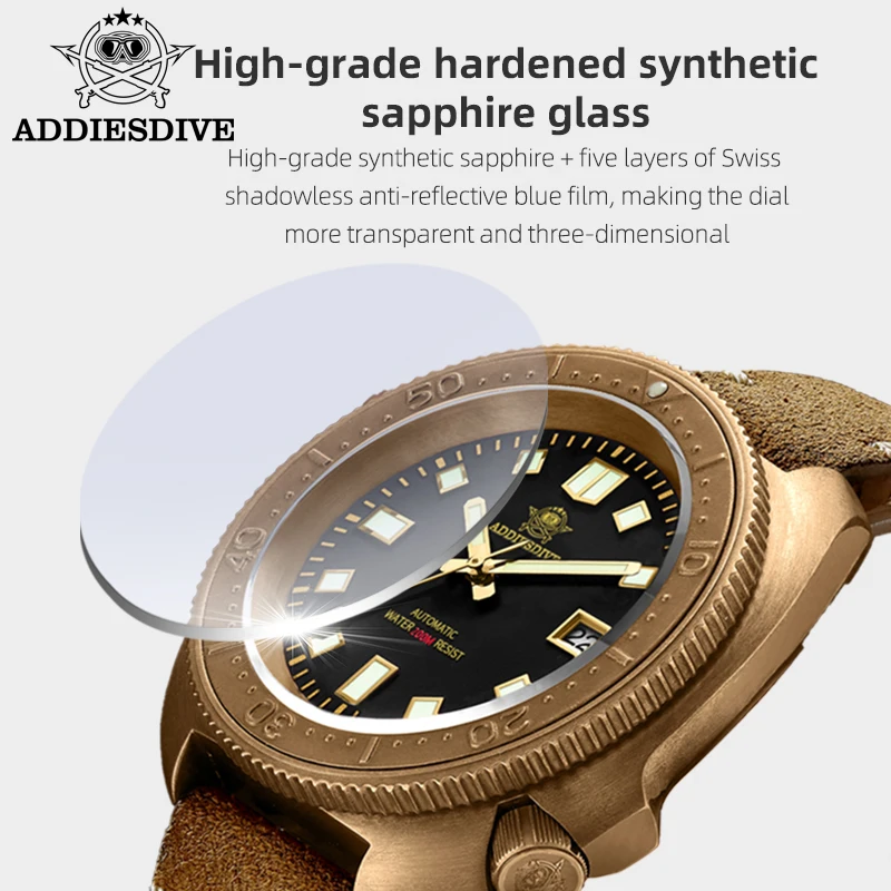 ADDIESDIVE 2104 Men Bronze Watch Black Dial Sapphire Glass NH35 Automatic Watch 200m Dive Bronze Case C3 Super Luminous Watches