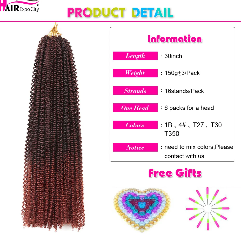 Extensiones de cabello trenzado sintético, cabello bohemio de ganchillo, ondulado al agua, 30 pulgadas, trenzas de giro de pasión, Expo City