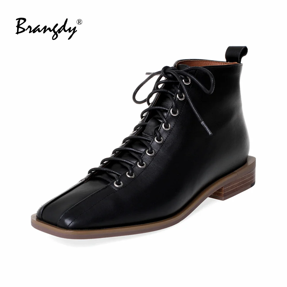 

2024 Retro Women Matin Boots Genuine Leather Splicing Women Shoes Square Toe Lace Up Womens Winter Ankle Boots Wedges