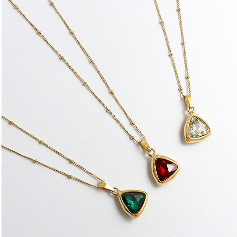 Green Gemstones Pendant Necklace For Women Red White Triangle AAA Crystal Choker Necklace Sets Women Stainless Steel Jewelry